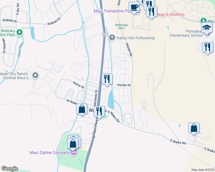 map of restaurants, bars, coffee shops, grocery stores, and more near 101 Kamaha'o Street in Wailuku