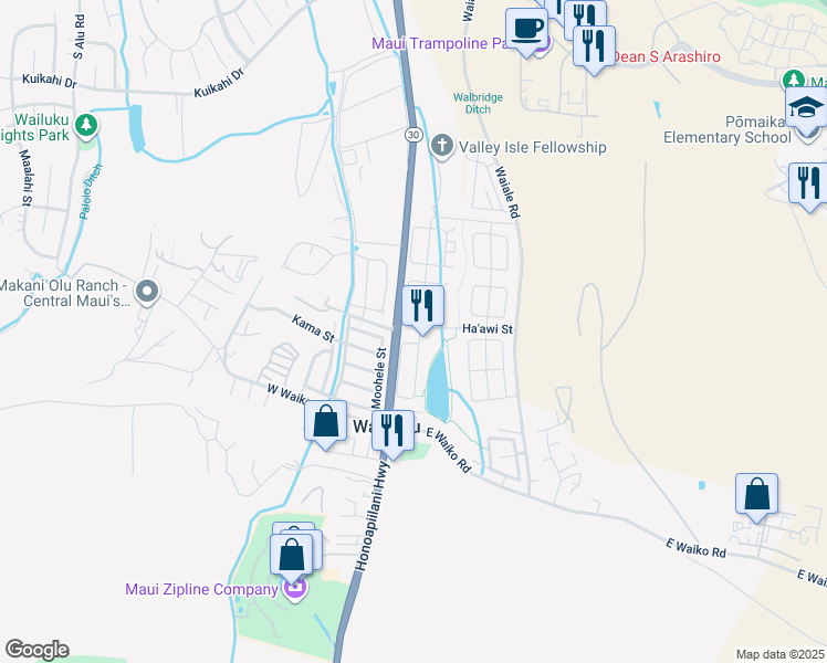map of restaurants, bars, coffee shops, grocery stores, and more near 185 Kamaha'o Circle in Wailuku