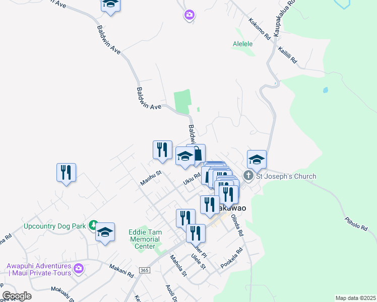 map of restaurants, bars, coffee shops, grocery stores, and more near 1191 Freitas Place in Makawao