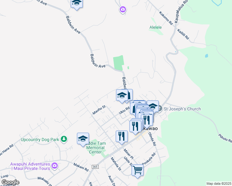map of restaurants, bars, coffee shops, grocery stores, and more near 1148 Aala Place in Makawao