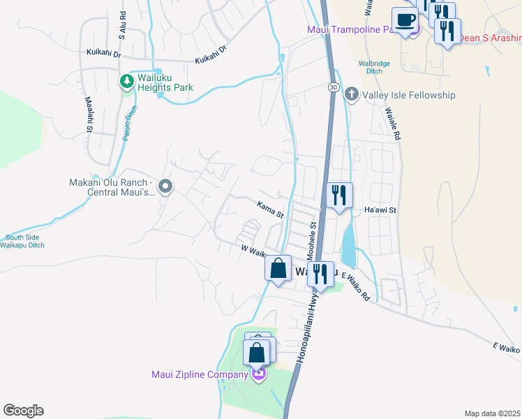 map of restaurants, bars, coffee shops, grocery stores, and more near 201 Kama Street in Wailuku