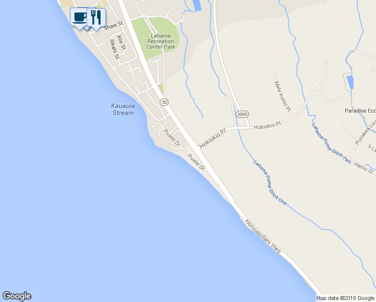 map of restaurants, bars, coffee shops, grocery stores, and more near 129 Pualei Drive in Lahaina