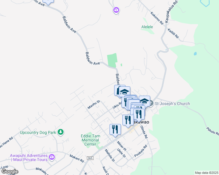 map of restaurants, bars, coffee shops, grocery stores, and more near 1150 Aala Place in Makawao