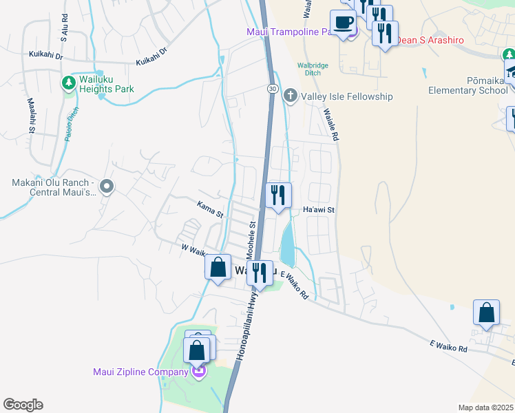 map of restaurants, bars, coffee shops, grocery stores, and more near 24 Koani Loop in Wailuku