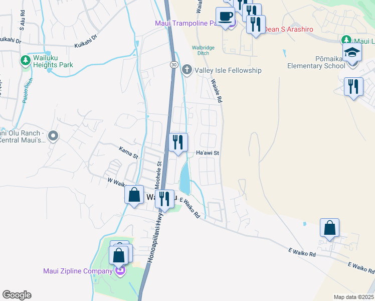 map of restaurants, bars, coffee shops, grocery stores, and more near 1081 Ulu Kanu Street in Wailuku