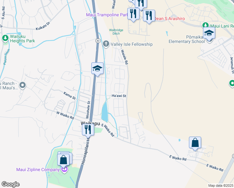 map of restaurants, bars, coffee shops, grocery stores, and more near 1 West Makahakaha Loop in Wailuku