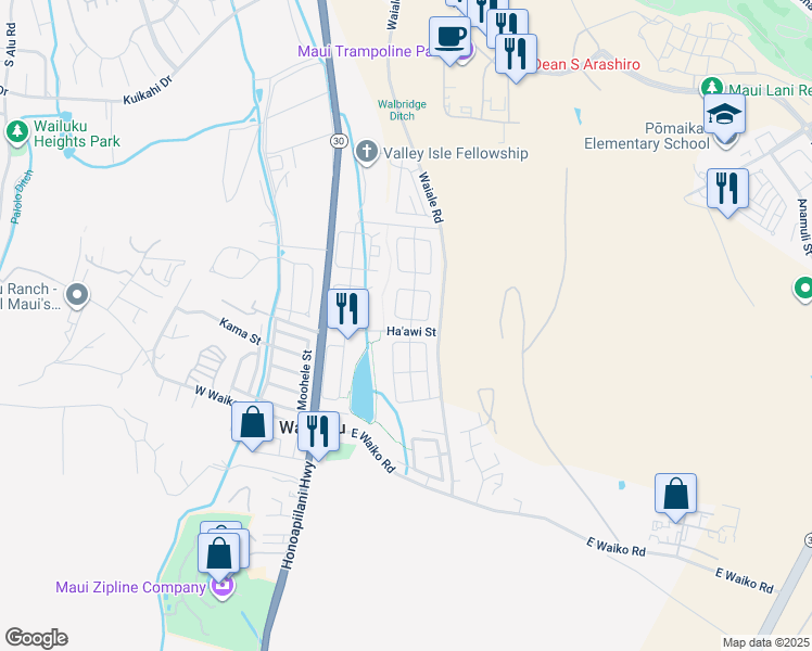 map of restaurants, bars, coffee shops, grocery stores, and more near 1 West Makahakaha Loop in Wailuku