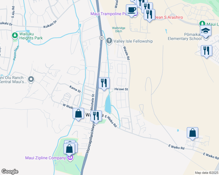 map of restaurants, bars, coffee shops, grocery stores, and more near 1081 Ulu Kanu Street in Wailuku