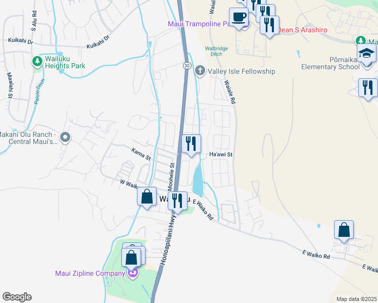 map of restaurants, bars, coffee shops, grocery stores, and more near 104 Kamaha'o Circle in Wailuku