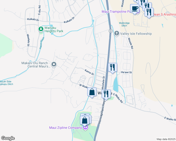 map of restaurants, bars, coffee shops, grocery stores, and more near 180 Kama Street in Wailuku