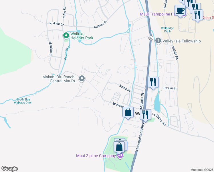 map of restaurants, bars, coffee shops, grocery stores, and more near 353 Kama Street in Wailuku