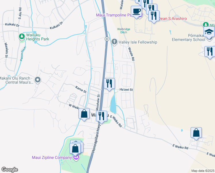map of restaurants, bars, coffee shops, grocery stores, and more near 86 Kamahao Street in Wailuku