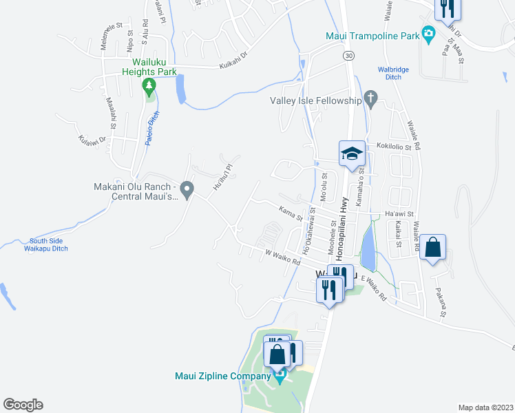 map of restaurants, bars, coffee shops, grocery stores, and more near 353 Kama Street in Wailuku