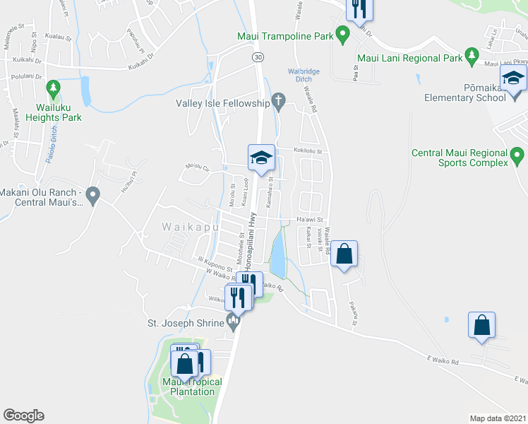 map of restaurants, bars, coffee shops, grocery stores, and more near 90 Kamaha'o Street in Wailuku