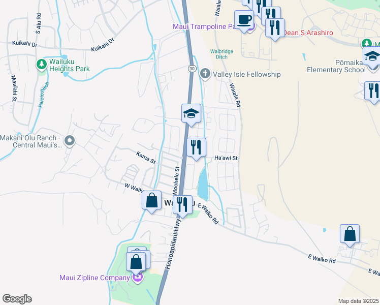 map of restaurants, bars, coffee shops, grocery stores, and more near 920 Ha'awi Loop in Wailuku