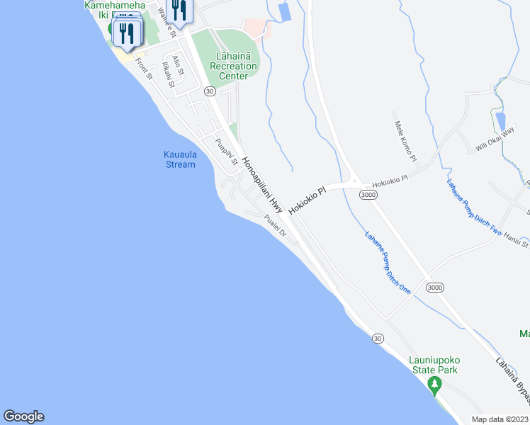 map of restaurants, bars, coffee shops, grocery stores, and more near 111 Pualei Drive in Lahaina