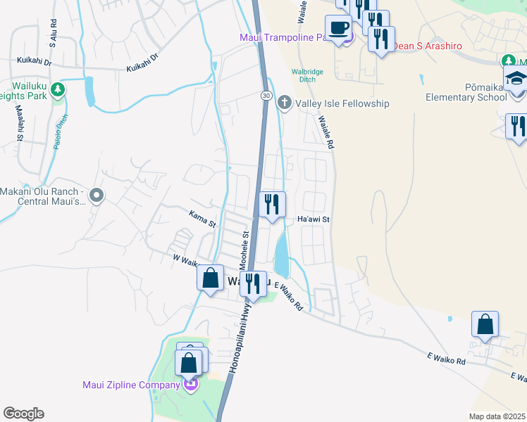map of restaurants, bars, coffee shops, grocery stores, and more near 920 Ha'awi Loop in Wailuku