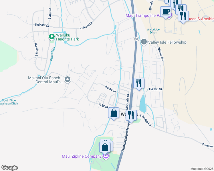 map of restaurants, bars, coffee shops, grocery stores, and more near 216 Kama Street in Wailuku