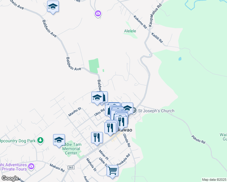 map of restaurants, bars, coffee shops, grocery stores, and more near 60 Puaina Place in Makawao