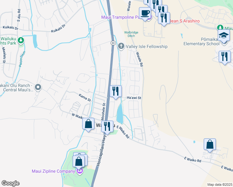 map of restaurants, bars, coffee shops, grocery stores, and more near 85 Kamaha'o Street in Wailuku