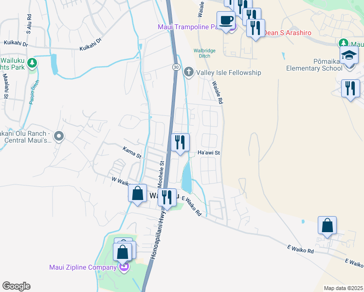 map of restaurants, bars, coffee shops, grocery stores, and more near 85 Kamaha'o Street in Wailuku