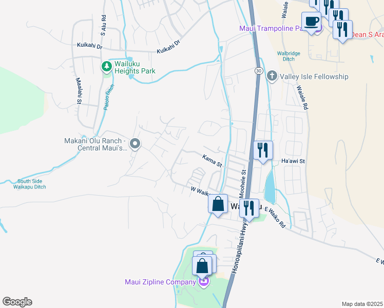 map of restaurants, bars, coffee shops, grocery stores, and more near 317 Kama Street in Wailuku