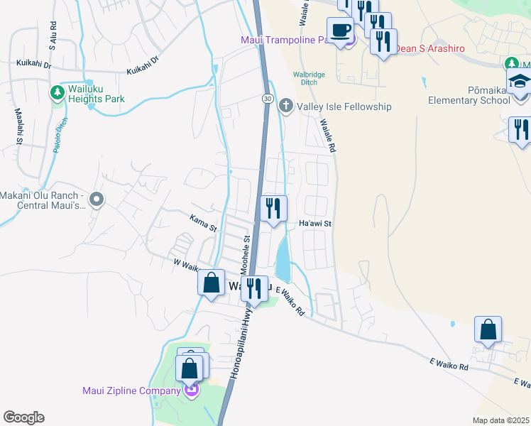 map of restaurants, bars, coffee shops, grocery stores, and more near 924 Ha'awi Loop in Wailuku