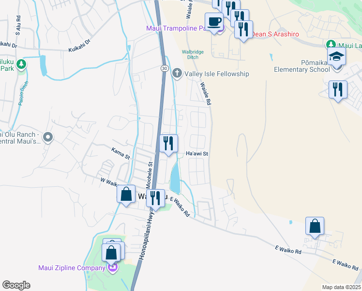 map of restaurants, bars, coffee shops, grocery stores, and more near 1065 Ulu Kanu Street in Wailuku