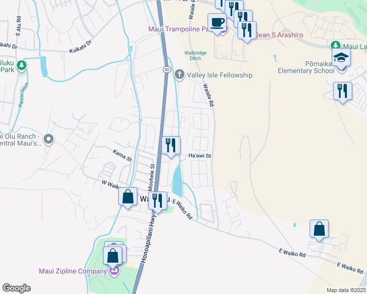map of restaurants, bars, coffee shops, grocery stores, and more near 1065 Ulu Kanu Street in Wailuku