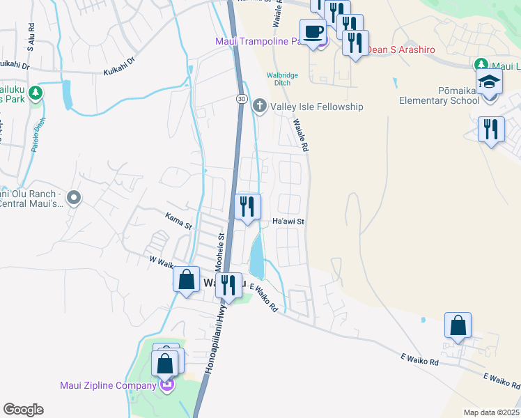 map of restaurants, bars, coffee shops, grocery stores, and more near 1061 Ulu Kanu Street in Wailuku