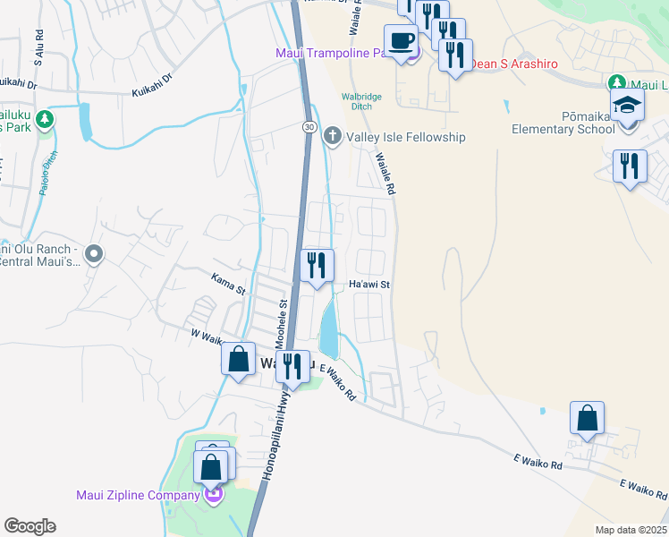 map of restaurants, bars, coffee shops, grocery stores, and more near 1061 Ulu Kanu Street in Wailuku
