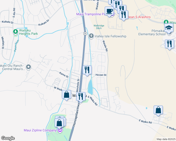 map of restaurants, bars, coffee shops, grocery stores, and more near 81 Kamaha'o Street in Wailuku