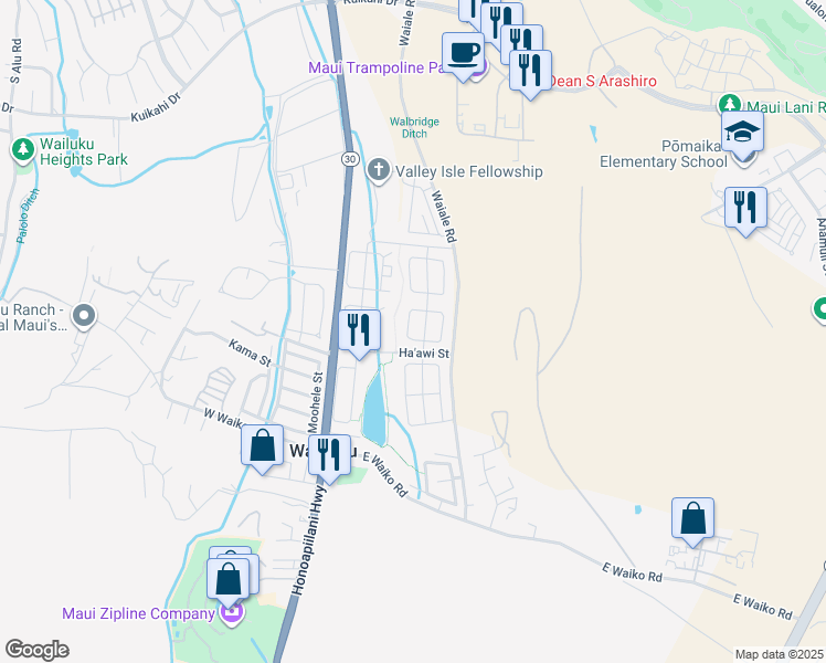 map of restaurants, bars, coffee shops, grocery stores, and more near 34 West Makahakaha Loop in Wailuku
