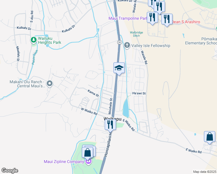 map of restaurants, bars, coffee shops, grocery stores, and more near 14 Mo'olu Street in Wailuku