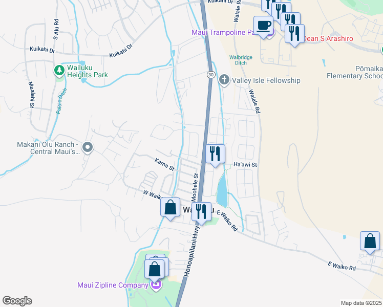 map of restaurants, bars, coffee shops, grocery stores, and more near 14 Mo'olu Street in Wailuku