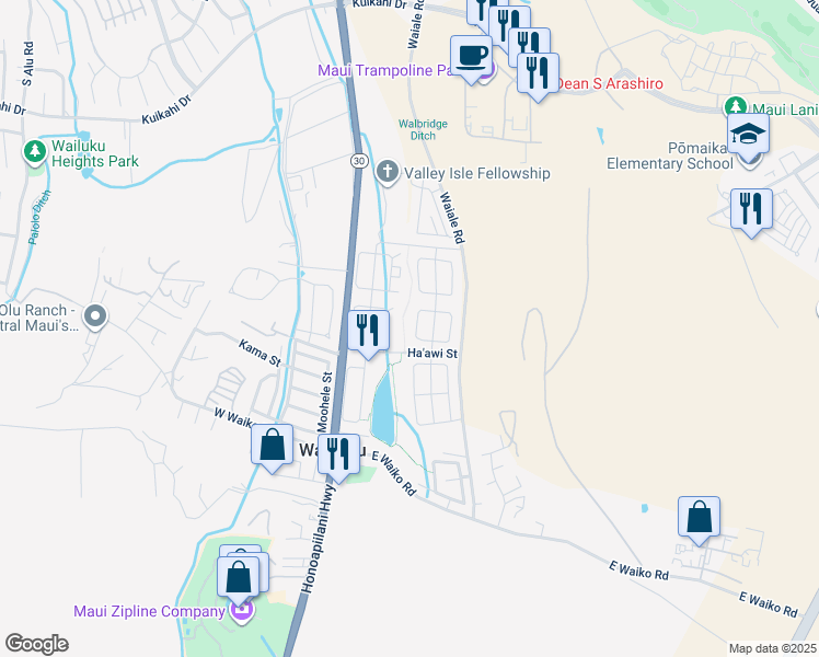 map of restaurants, bars, coffee shops, grocery stores, and more near 35 West Makahakaha Loop in Wailuku