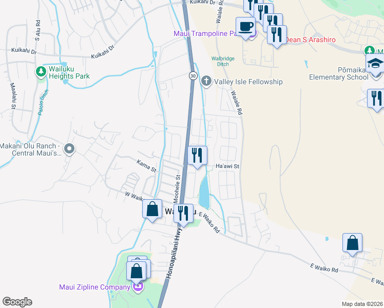 map of restaurants, bars, coffee shops, grocery stores, and more near 86 Kamahao Street in Wailuku