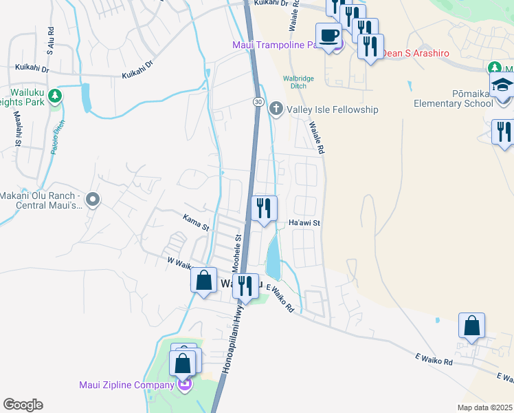map of restaurants, bars, coffee shops, grocery stores, and more near 932 Ha'awi Loop in Wailuku