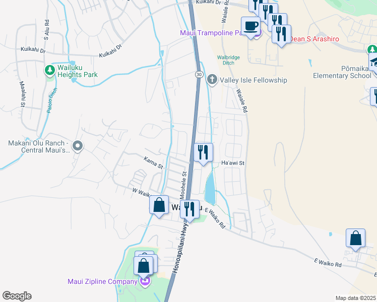 map of restaurants, bars, coffee shops, grocery stores, and more near 40 Koani Loop in Wailuku