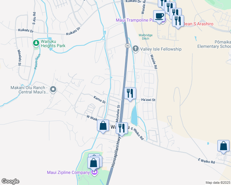 map of restaurants, bars, coffee shops, grocery stores, and more near 14 Mo'olu Street in Wailuku