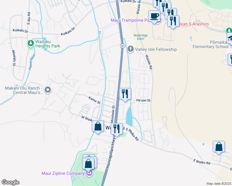 map of restaurants, bars, coffee shops, grocery stores, and more near 40 Koani Loop in Wailuku