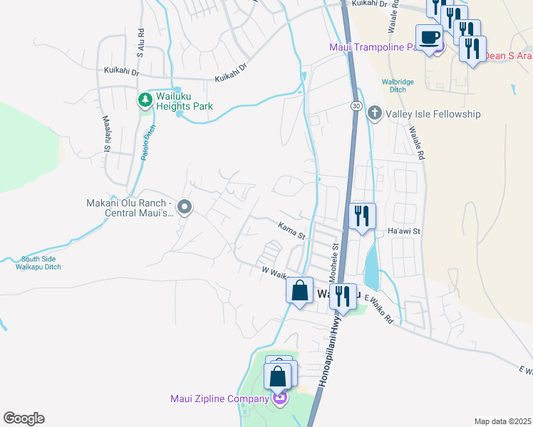map of restaurants, bars, coffee shops, grocery stores, and more near 302 Kama Street in Wailuku