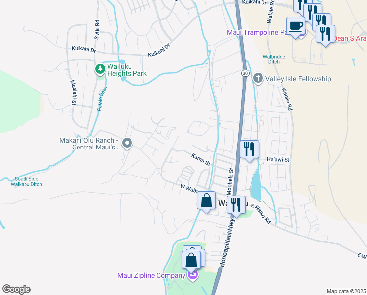 map of restaurants, bars, coffee shops, grocery stores, and more near 302 Kama Street in Wailuku