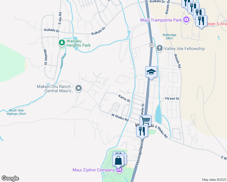 map of restaurants, bars, coffee shops, grocery stores, and more near 302 Kama Street in Wailuku