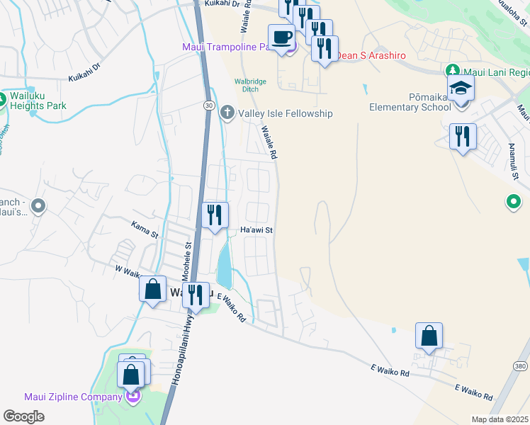map of restaurants, bars, coffee shops, grocery stores, and more near 112 East Makahakaha Loop in Wailuku