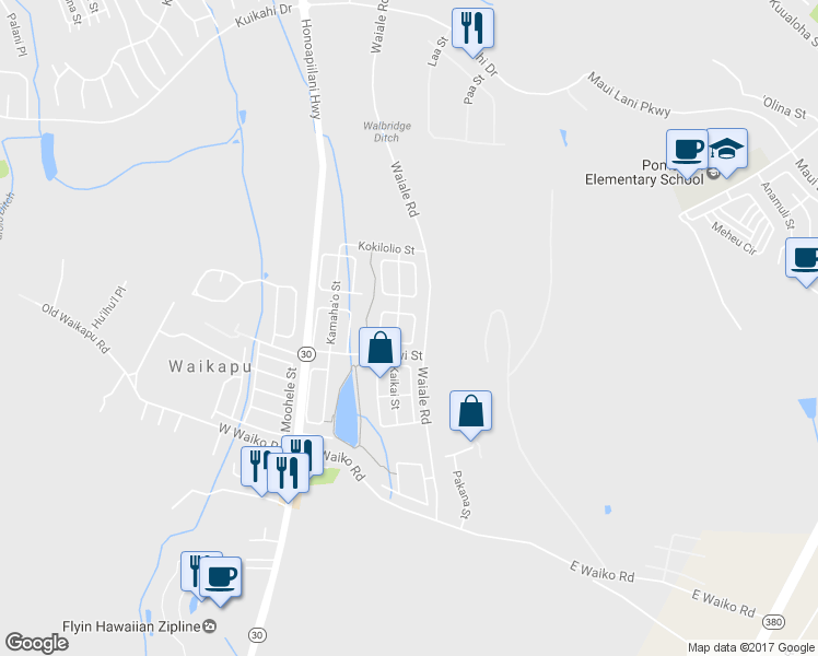 map of restaurants, bars, coffee shops, grocery stores, and more near 112 East Makahakaha Loop in Wailuku