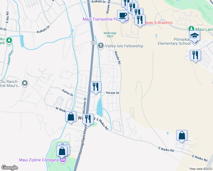 map of restaurants, bars, coffee shops, grocery stores, and more near 39 West Makahakaha Loop in Wailuku