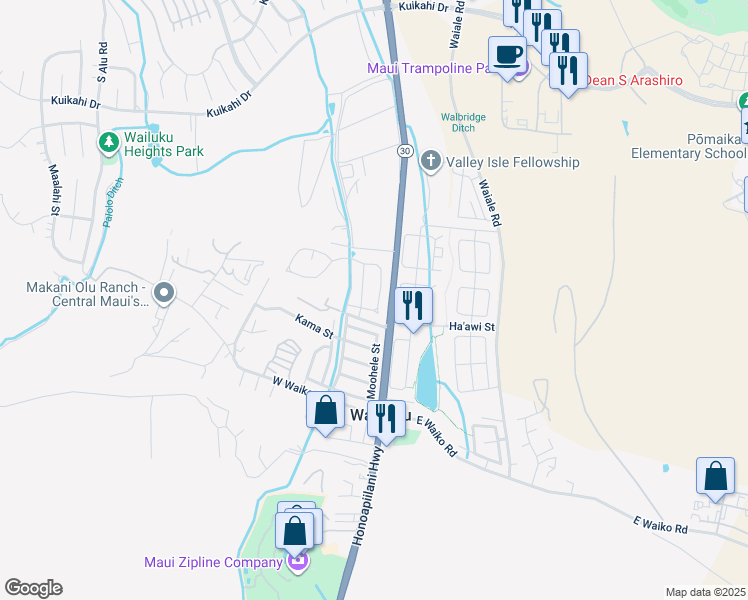 map of restaurants, bars, coffee shops, grocery stores, and more near 29 Koani Loop in Wailuku