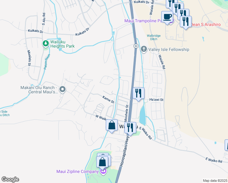 map of restaurants, bars, coffee shops, grocery stores, and more near 86 Pilikana Street in Wailuku