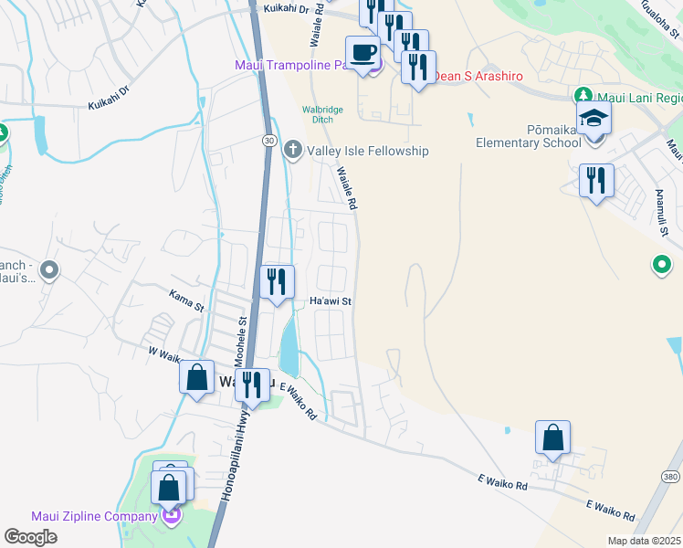 map of restaurants, bars, coffee shops, grocery stores, and more near 108 East Makahakaha Loop in Wailuku
